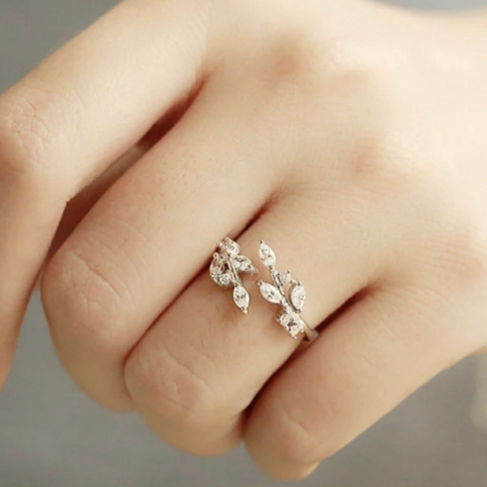925 Sterling Silver Olive Leaves Faux Crystals Adjustable Ring